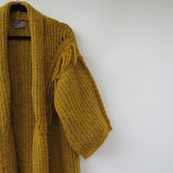 Anthropologie OS Stevie Boho Fringe Marled Knit Mustard Yellow Cardigan Sweater - Picture 3 of 15